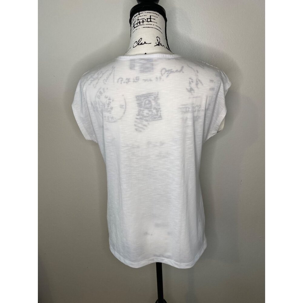 Top Short Cap Sleeve White on White Embroidered Crochet Neckline Rafaella Size M - Picture 2 of 8